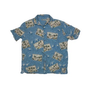 Vintage anos 90 azul claro bege verde ilha deserta cartão postal palmeira havaiana camisa de rayon tamanho grande por batik bay