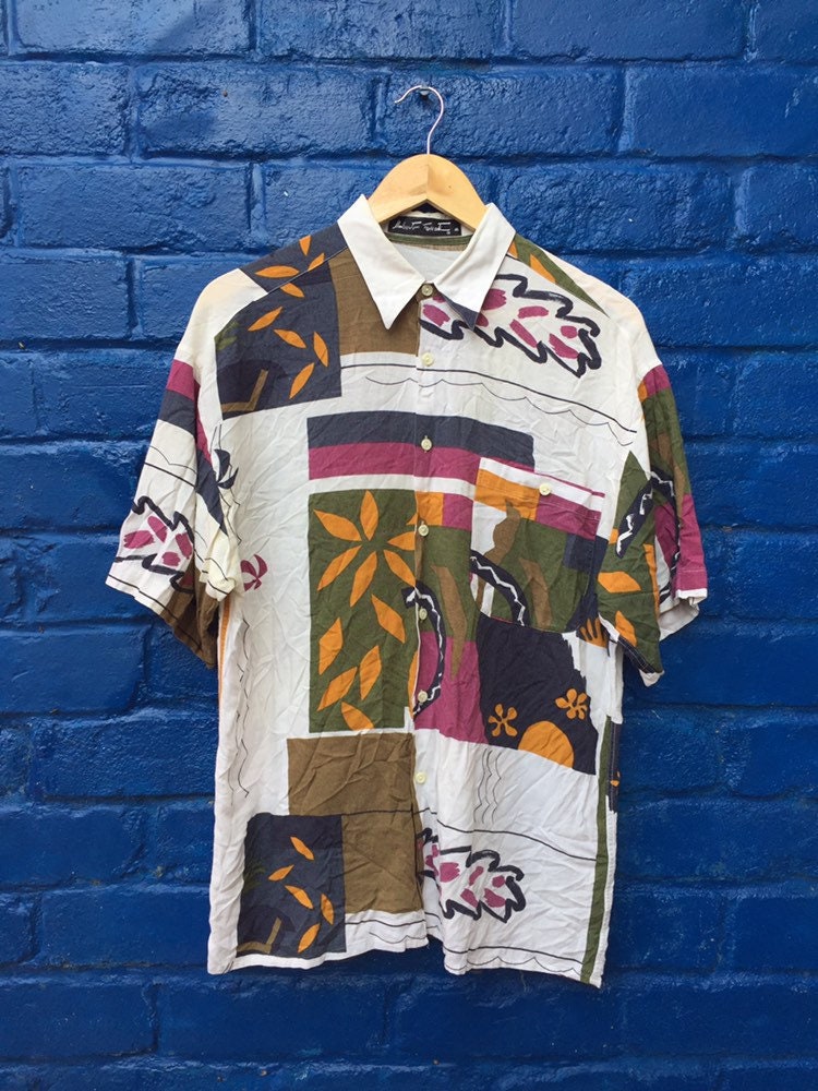 Image of Vintage 80S Purple White Green Abstract Art Pattern Retro Shirt Sleeve Size Medium