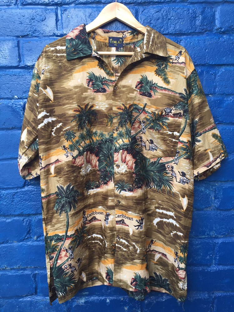 Image of Vintage 80S Hawaiian Caribbean Pattern Print Oversized 3xl Shirt Brown & Green Ugly