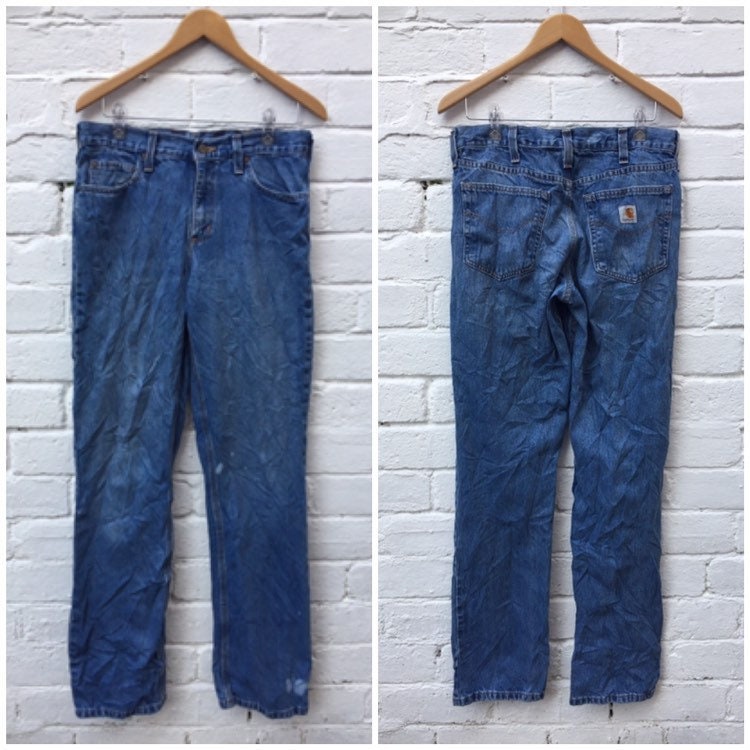 Image of Carhartt Vintage 90S Mens Blue Denim Distressed Work Jeans Trousers Size W32 L34