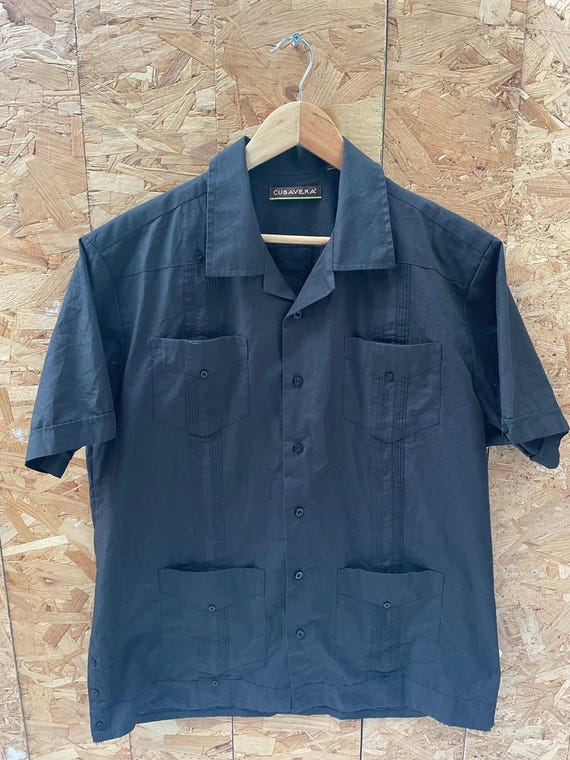 Vintage 90s Cubavera Men's L Black Guayabera Shirt - Short Sleeve