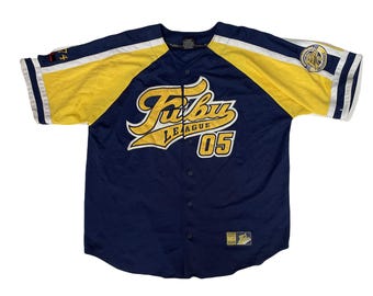 Vintage Y2K Fubu league 05 navy blue yellow spell out RIP Karl embroidered baseball jersey size XXL