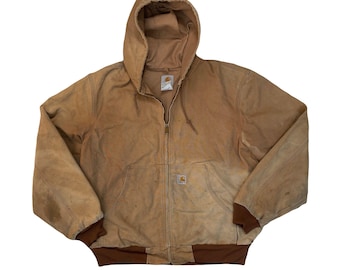 Vintage Distressed Carhartt Active Tan Hooded Duck Jacket Size L