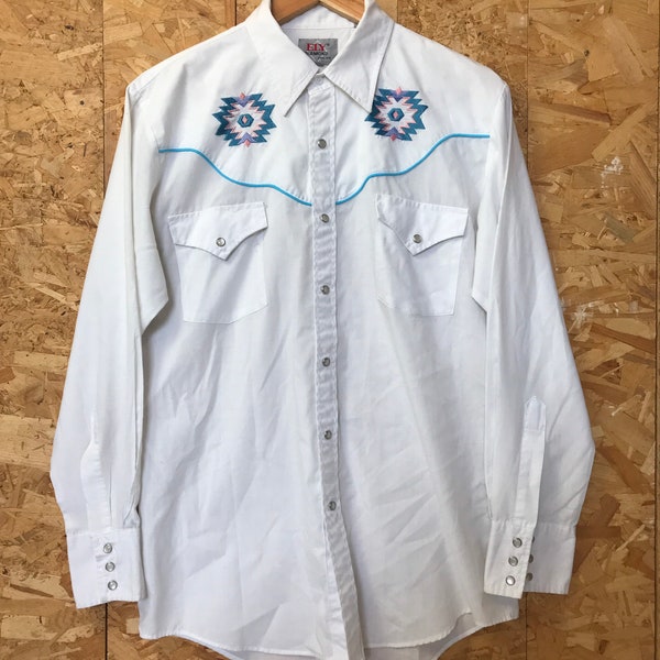 Vintage 80s Ely Cattlemen Aztec embroidery blue pink pattern white western county cowboy shirt size medium