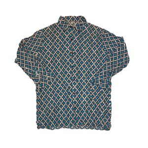 Vintage 70s blue white geometric rope paisley pattern pointed collar retro disco shirt size 42 large by grenzland