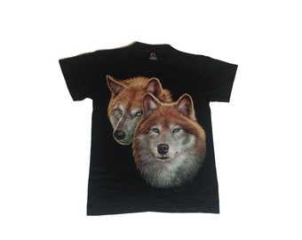Vintage Wolf pups animal printed nature scene black t shirt size small
