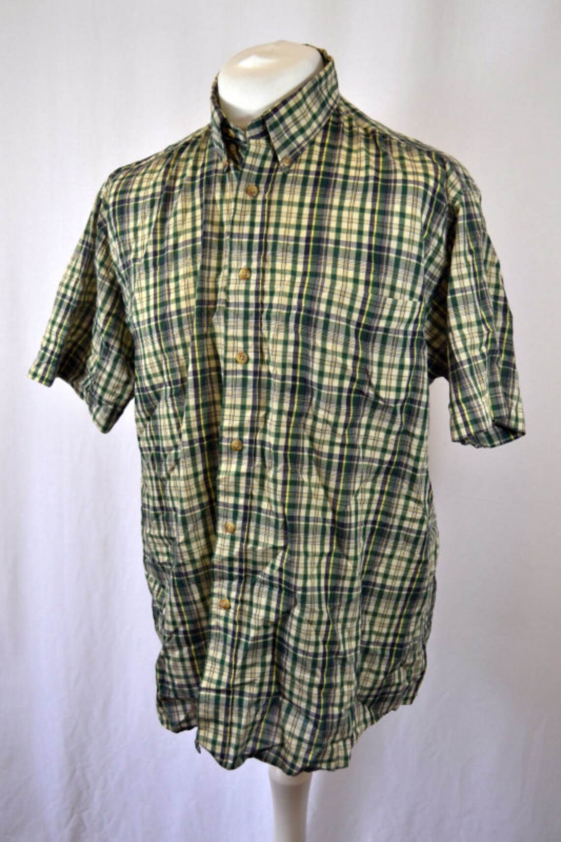 Vintage 90s Green Beige Oversized Check Short Sleeve Shirt by Falls ...