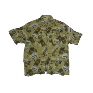 Vintage 90er Jahre Olivgrün Grungy Karte Druck verrücktes Muster hawaiianisch Stil Strand Party Festival Shirt Größe groß
