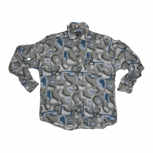 Vintage 90&#39;s grey blue Psychedelic wavy  Pattern long sleeve viscose Shirt size large