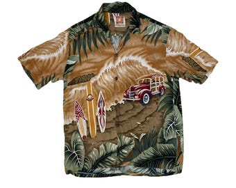 Camicia hawaiana vintage anni '90 con motivo surfista in rayon, taglia grande, di Hawaiian Togs