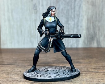 Miniatures for D&D nun with minigun. Macho Women with Guns. Renegade Nuns on Wheels