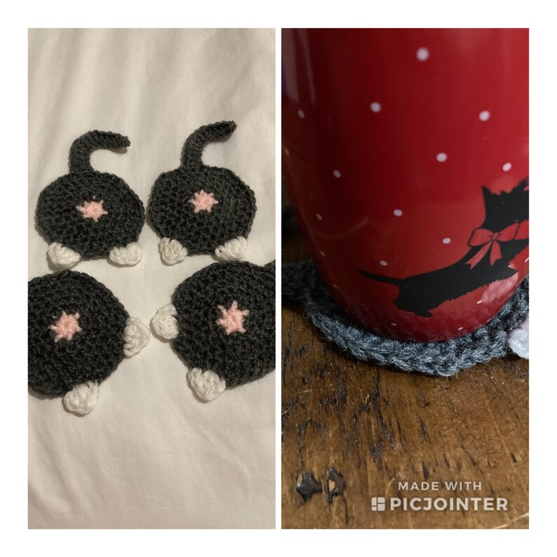 Posavasos de ganchillo con forma de trasero de gato, regalo divertido para amantes de los gatos, posavasos hechos a mano. imagen 10