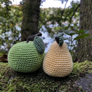 May include: Two crocheted fruit toys, a green apple and a yellow pear, are sitting on a bed of moss. The apple has a brown stem and green leaves. The pear has a brown stem and green leaves.