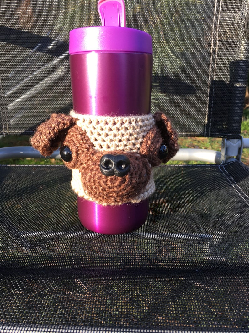 Crochet Pug dog cosy, Crazy Pug Lady, Mug Cozy, Pug Stuff, Pug Gift Ideas, drinks cover, knitted sleeve, ideal christmas gift image 1