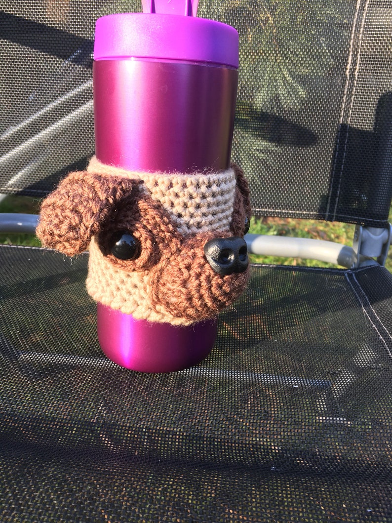 Crochet Pug dog cosy, Crazy Pug Lady, Mug Cozy, Pug Stuff, Pug Gift Ideas, drinks cover, knitted sleeve, ideal christmas gift image 2