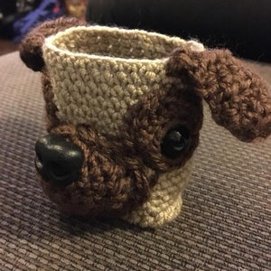 Crochet Pug dog cosy, Crazy Pug Lady, Mug Cozy, Pug Stuff, Pug Gift Ideas, drinks cover, knitted sleeve, ideal christmas gift image 4