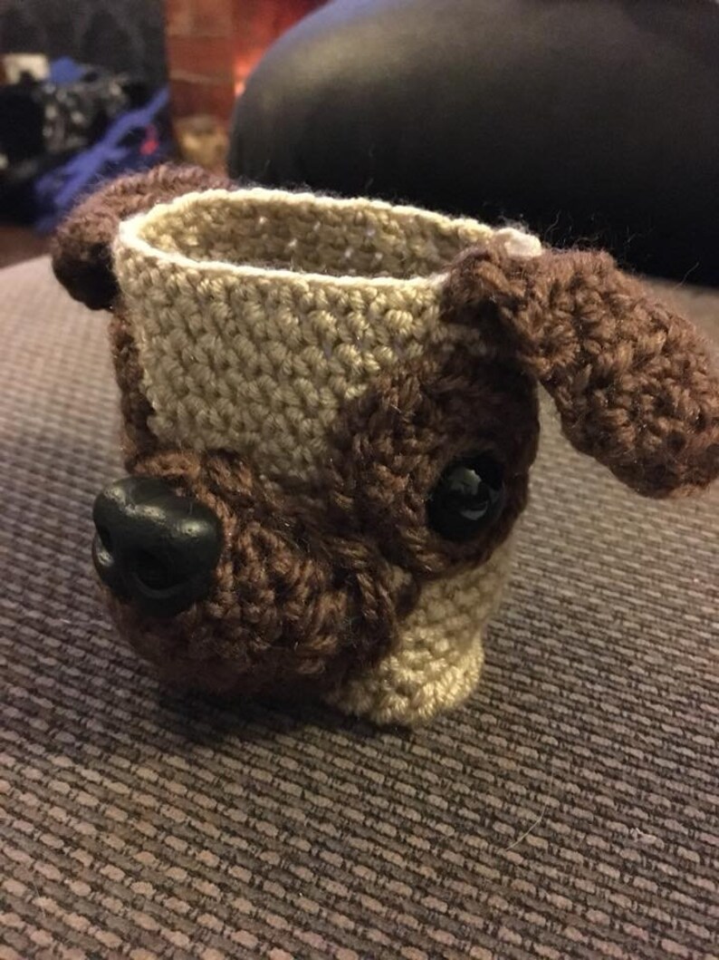 Crochet Pug dog cosy, Crazy Pug Lady, Mug Cozy, Pug Stuff, Pug Gift Ideas, drinks cover, knitted sleeve, ideal christmas gift image 4