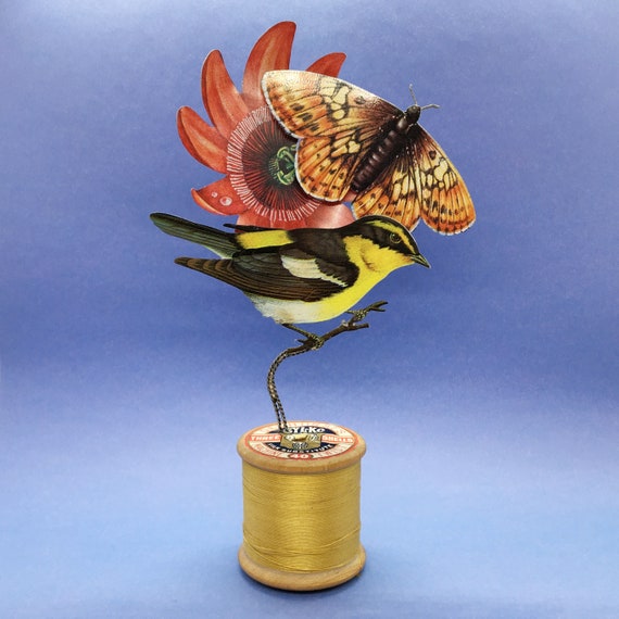 Recycled Vintage Tin Art Exotic Bird Butterfly Passion Flower