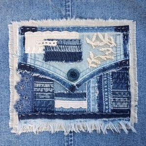Parche de mezclilla bohemio: aplicación textil de puntada lenta, tela bordada reciclada para remendar visiblemente y registrar tus cosas.