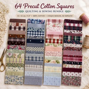 May include: A bundle of 64 precut cotton squares for quilting and sewing, each measuring 11 cm. The fabric pieces feature various patterns including floral, plaid, gingham, and polka dots in diverse colours. Includes gold scissors and thread spools.