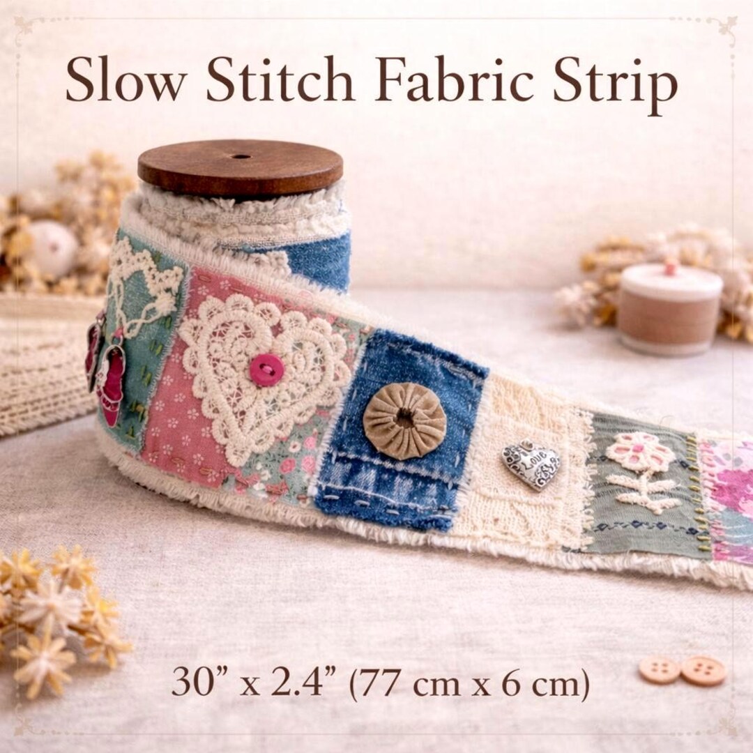 Slow Stitch Fabric Strip on Wooden Spool, OOAK Handmade Textile Ribbon ...