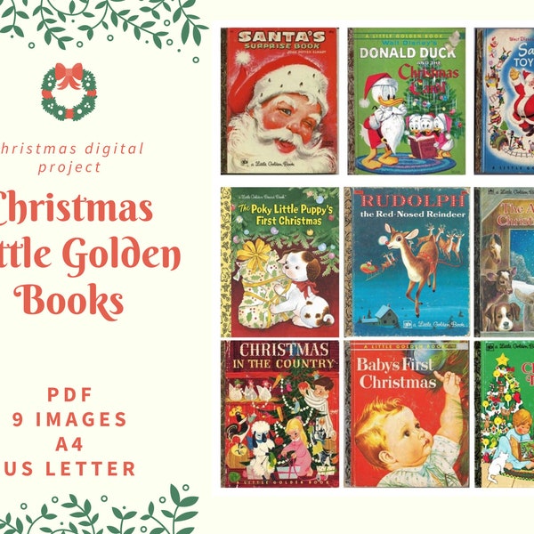 PDF Vintage Christmas, Little Golden Books, Digital Collage Sheet, cards, A4, US Letter, 9 images, Instant Download, Scrapbooking 300 dpi