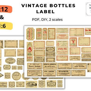 PDF Flaschen Etiketten, Vintage Apotheke Etiketten, DIY Mini Miniatur, Sofort download, printable Set Puppenhaus, 12. UND 6.Skala Collage Sheet
