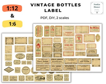 PDF Bottles Labels, Vintage Pharmacy Labels, DIY Mini Miniature, Instant download, printable set dollhouse, 12th AND 6th scale Collage Sheet