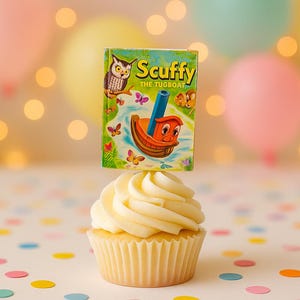 Może przedstawiać: Biały cupcake z waniliowym kremem, ozdobiony topperem w kształcie książki z napisem "Scuffy the Tugboat". Cupcake znajduje się na białym tle z kolorowymi konfetti.