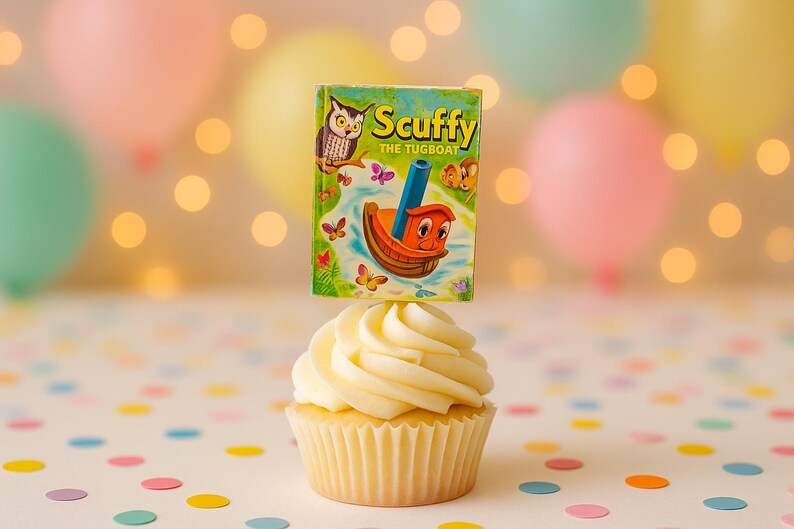 Może przedstawiać: Biały cupcake z waniliowym kremem, ozdobiony topperem w kształcie książki z napisem "Scuffy the Tugboat". Cupcake znajduje się na białym tle z kolorowymi konfetti.
