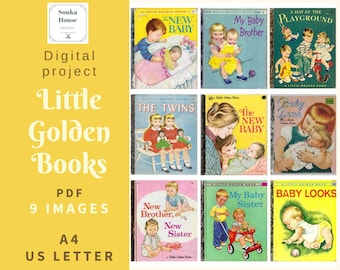 Digitale pdf-collage Little Golden Books, baby, zus en broer, vintage, A4-vel, minikaarten, US Letter, 9 afbeeldingen, Instant Download