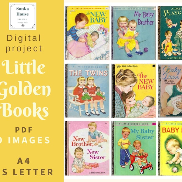 PDF Digital Collage Little Golden Books, Baby, Sister and Brother, Vintage, A4 Sheet, mini cards, US Letter, 9 images, Instant Download