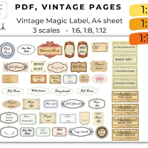 PDF Bottles Labels, Fairy Magic Vintage Pharmacy Labels, DIY Mini Miniature, Instant download printable set dollhouse 16 scale Collage Sheet