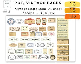 Etiketten voor pdf-flessen, Fairy Magic Vintage apotheeketiketten, DIY-miniminiatuur, Instant download afdrukbare set poppenhuis, collageblad 16 schalen