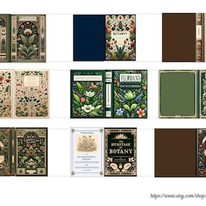 Può includere: Nove diversi design di copertine di libri con illustrazioni botaniche. Le copertine sono verdi, marroni e blu con accenti dorati. I titoli includono "Botanical", "Botany", "Floriana Encyclopedia", "Flowers", "Secret Garden of Plants", "The Heritage of Botany" e "The Enchanted Garden".