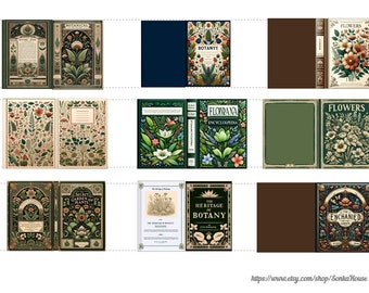 PDF インスタントダウンロード 9つの花 ボタニカル ヴィンテージブックカバー ミニチュアドールハウス 2スケール、1:6と1_12 DIY ブライスブックイヤリング ジャンクジャーナル