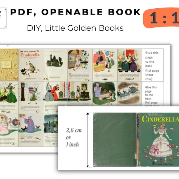 DIY Miniature printable, Cinderella, PDF 1/12 Instant download, Little Golden Books, 1/12 scale books, Dolls House 12th Scale, 112 scale