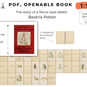 May include: A printable PDF template for a 1:12 scale openable book of "The Story of a Fierce Bad Rabbit" by Beatrix Potter. The template includes instructions for gluing the pages together and a diagram of the finished book.