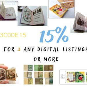 May include: A collage of images featuring miniature books with various illustrations and designs. The text on the image reads "3CODE15 15% FOR 3 ANY DIGITAL LISTINGS OR MORE".