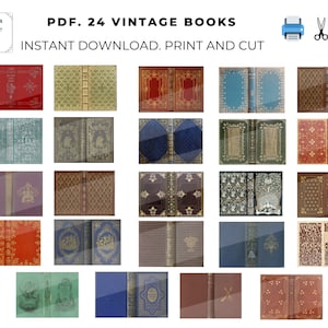 Könnte beinhalten: Ein digitaler Download von 24 Vintage-Buchcovern, perfekt zum Basteln und Scrapbooking. Das Bild zeigt ein Raster von 24 Buchcovern mit verschiedenen Designs und Farben. Der Text "PDF. 24 VINTAGE BOOKS" befindet sich oben im Bild. Der Text "INSTANT DOWNLOAD. PRINT AND CUT" befindet sich unter dem Titel.