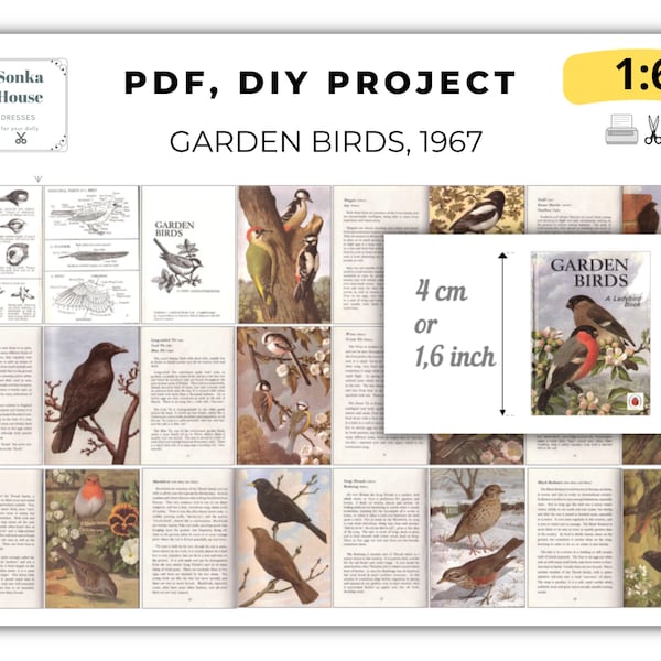 DIY Garden Birds 1967 book Miniature, PDF Instant download, tiny book, Nature book, Vintage old retro 24 pages prop book 1:6 digital library