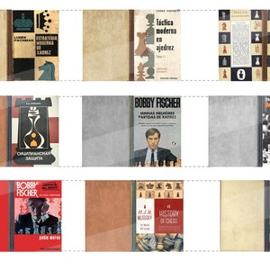 May include: A collection of vintage chess books with covers featuring chess pieces, chess boards, and portraits of famous chess players. The books are in various languages, including English, Spanish, Russian, and Portuguese.