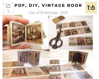Peut inclure: Un livre vintage intitulé "Visit of St Nicholas, 1874" avec des illustrations du Père Noël et d'enfants. Le livre est en papier et à l'échelle 1:6. Le livre est présenté ouvert et fermé, avec les pages visibles.
