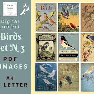 PDF Book Covers Birds, Vintage Book, Old Retro, Digital Collage Sheet, cards, A4, US Letter, 9 images Instant Download, Scrapbooking 300 dpi
