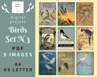May include: A set of nine vintage book covers featuring illustrations of various birds. The covers are in shades of blue, green, yellow, and red. The titles include "A Child's Book of Birds", "All About Birds", "Birdcraft", "The Book of Baby Birds", "Migration of Birds", "Speaking Parrots", "The Book of Canaries and Cage Birds", "What the Blackbird Said", and "Canaries Cage Birds".