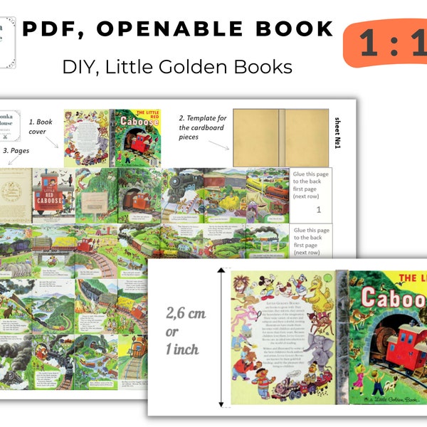 DIY Miniature printable PDF 1/12 Instant download, Little Golden Book, Little Red Caboose, 1/12 scale mini books, Dollhouse 12th Scale 112