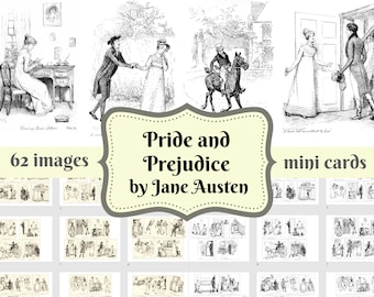 Può includere: Un set di 62 mini carte con illustrazioni in bianco e nero dal romanzo "Orgoglio e Pregiudizio" di Jane Austen. Le carte sono perfette per gli appassionati di letteratura classica e presentano scene del libro.