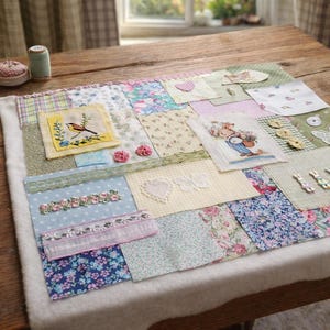 Op de afbeelding: Een patchwork quiltvierkant met diverse stofpatronen, geborduurde motieven van een vogel en een kind, kanten randen en kleine decoratieve knopen. De quilt wordt getoond met een stofschaar, een speldenkussen en een schaaltje met spelden.