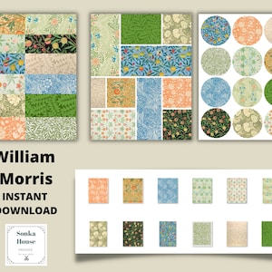 May include: A digital download of 20 William Morris floral patterns in various colours, including green, blue, orange, and yellow. The patterns are arranged in a grid and circles. The text "William Morris Instant Download" is at the bottom of the image.