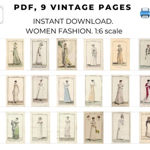 May include: Nine vintage illustrations of women's fashion from the 1800s. The illustrations are in black and white with hand-painted details. The illustrations are in a 1:6 scale. PDF, 9 Vintage Pages. Instant Download. Women Fashion. 1:6 scale.